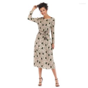 Casual jurken 2022 Zomer Women Beach Lace Up Dress Lady Lange Mouw Loose Vintage Shift Elegante Floral Midi Polka Dot Chiffon