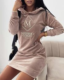 Robes décontractées 2022 hiver femmes longues épaisses sweats à capuche doux tricoté sweat lettre broderie velours à capuche robe