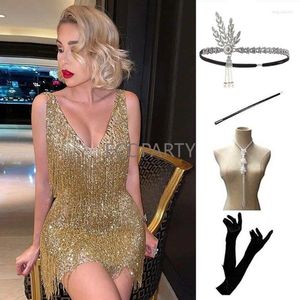Casual jurken 2023 1920s Flapper Dress Great Gatsby Party Evening Pailletten franjes Tassels Jurk met 20s accessoires set