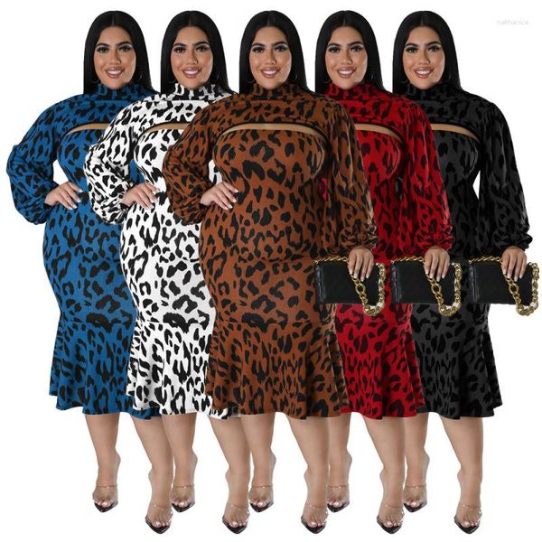 Vestidos casuales 2023 Otoño Amazon Manga larga Estampado Slim Fit Collar de pie Falda con volantes Conjunto Elegante estilo urbano