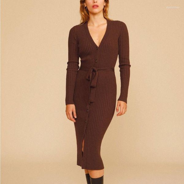 Vestidos informales 2023 Otoño e Invierno para mujer, vestido Midi de punto de lana acanalado Retro, elegante, ajustado, elástico, con cordones, de un solo pecho para mujer