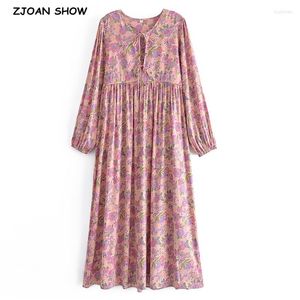 Vestidos casuales 2023 Otoño Bohemia Vendaje Lazo Arco V Cuello Rosa Estampado floral Vestido Midi Boho Mujeres Manga larga Robe de vacaciones