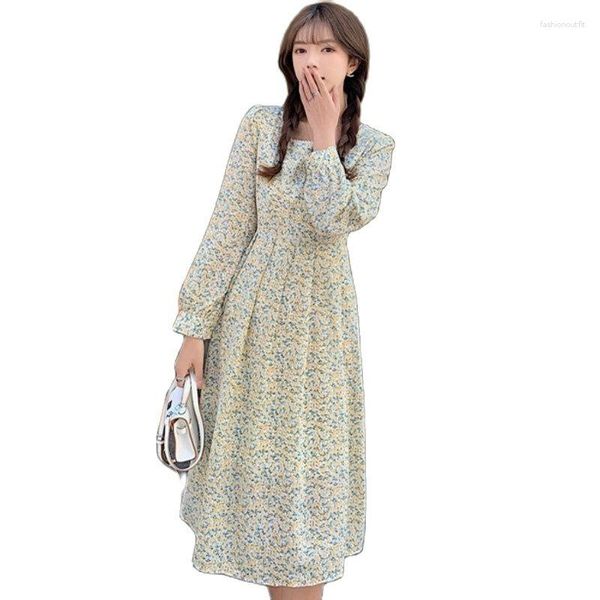 Vestidos casuales 2023 vestido de otoño versión coreana viento suave cuello cuadrado estampado cintura retracción gasa Collet A-Line paquete