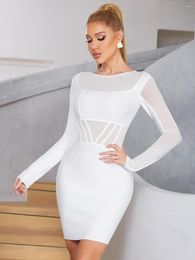 Vestidos casuales 2023 otoño elegante Sexy ver a través de Color blanco Ranyon vendaje vestido mujer paquete caderas noche club nocturno fiesta Outfi