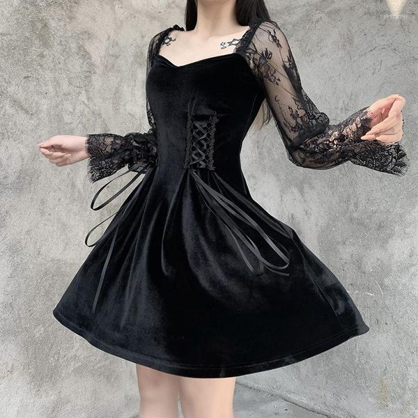Vestidos casuales 2023 otoño gótico sexy vestido vintage linterna encaje manga volante terciopelo mini negro oscuro para ropa femenina