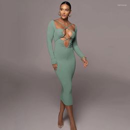 Robes décontractées 2023 automne vert Sexy mode dos nu femmes élégant robe moulante femme genou longueur fête Y2K pansement