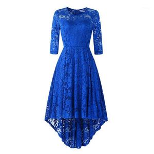 Casual jurken 2023 Autumn High Low Party Dress Vintage Lace Drie kwart Midi Robe Women Fashion Wedding Cocktail Elegant Vestido