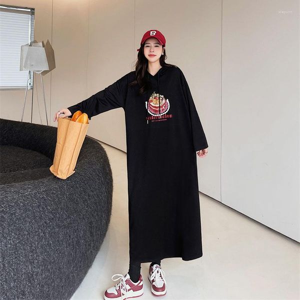 Robes décontractées 2023 automne corée sweats à capuche femme robe Elbise ample grande taille à capuche imprimé sangle Maxi longue pour les femmes