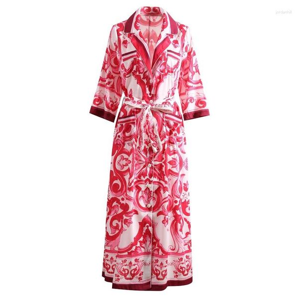 Robes décontractées 2023 automne robe longue de haute qualité femmes col rabattu vintage imprimé bouton avant ceinturé rouge bleu soie dame