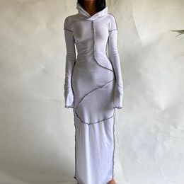 Casual jurken 2023 Autumn Lange mouw Hoods laderse lapwerk Skinny Maxi Dress Winter Dames Mode Streetwear Outfits Robe Femme