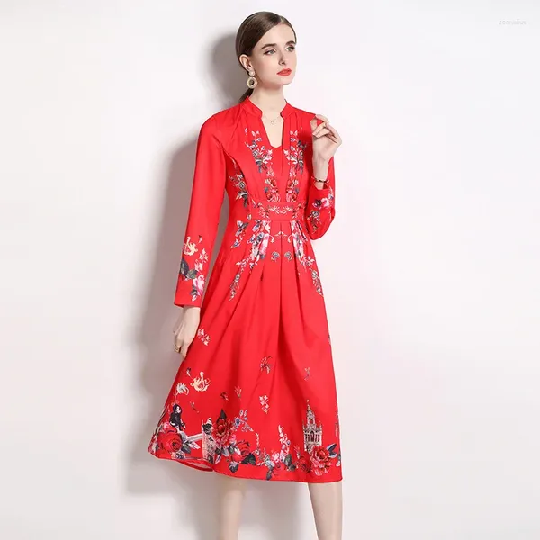 Robes décontractées 2023 Automne Rouge Fleur Midi Robe Vintage Élégant Femmes V Cou À Manches Longues Imprimé Taille Haute Femme Fête Robes