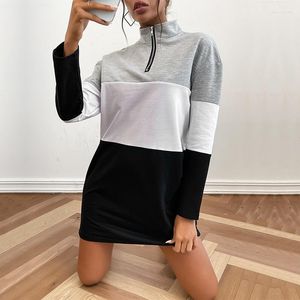 Casual jurken 2023 Autumn Sport Sweatshirt Damesjurk Patchwork Lange mouw Stand Kraag Vrouw Winter Fashion Lady Kleding