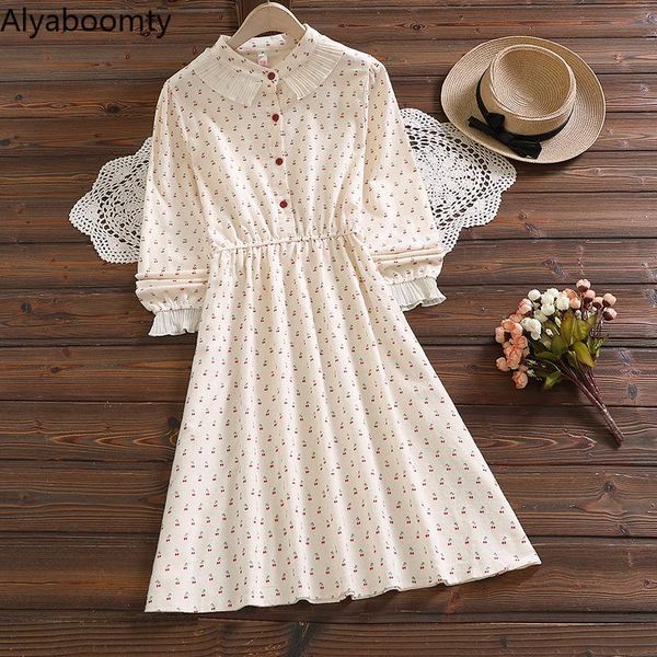 Robes décontractées 2023 automne printemps femmes doux Chic robe rose abricot fruits imprimé taille élastique mignon Kawaii Mori fille a-ligne