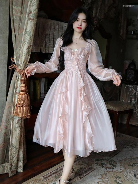 Casual Kleider 2023 Herbst Vintage Party Midi Kleid Frauen Rosa Fee Koreanischen Stil Süße Weibliche Blase Ärmel Eleganten Abend