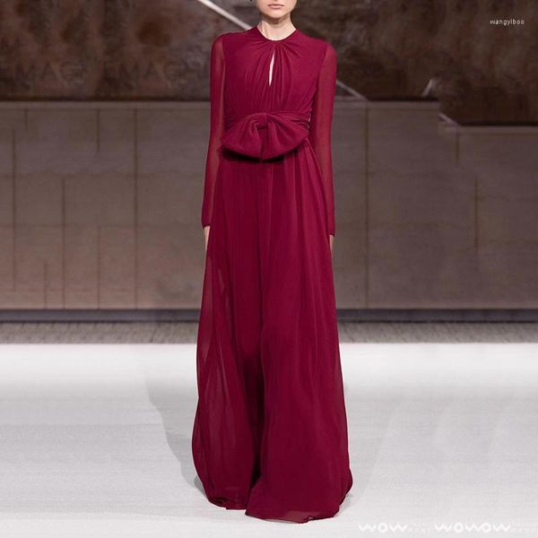 Robes décontractées 2023 Automne Taille Bow Décoration Robe Rouge Français Élégant Longue Mode Sexy Slim Dames Y2k