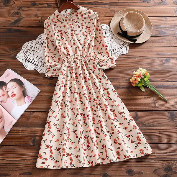 Vestidos casuales 2023 Otoño Invierno estilo Mori Girl Forest pequeño fresco y dulce Pana Floral adelgazamiento vestido de manga larga Mujer