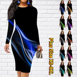 Robes décontractées 2023 automne hiver femmes Sexy abstrait impression genou longueur jupe serré mode col rond Midi à manches longues