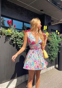 Casual jurken 2023 Backless Sexy Women Mini Dress Mouweless V Neck Flower Print Summer Club Party Sundress Streetwear S M