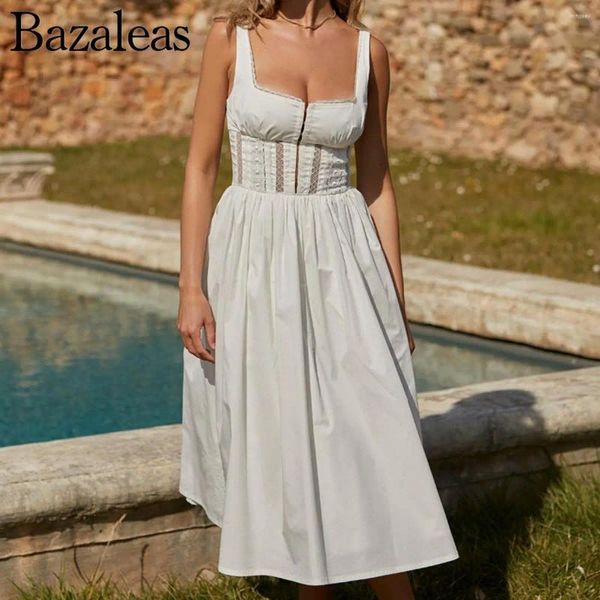 Robes décontractées 2023 Bazaleas Store Femmes Vacances Fête Tenues Robe Chic Doux Été Blanc Garniture Midi Officiel