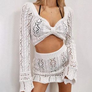 Robes décontractées 2023 Costumes de plage Femme Blanc Tricot Creux Out Bikini Bref paragraphe Jupe et Top Set pour femmes Costumes sexy d'été