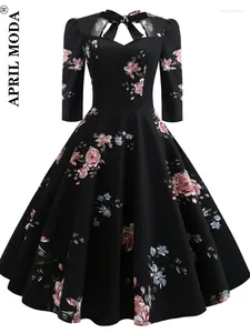 Robes décontractées 2023 Noir Floral Imprimé Vintage Jurken Manches longues Hepburn Robe des années 1950 60 70 Rockabilly Swing Pinup Femmes Robes pour