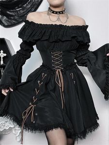 Robes décontractées 2023 Noir Lolita Gothique A-ligne Corset Mini E-fille Grunge Hors Épaule Tenues Femmes Sexy Dentelle Ourlet Robe Shrring