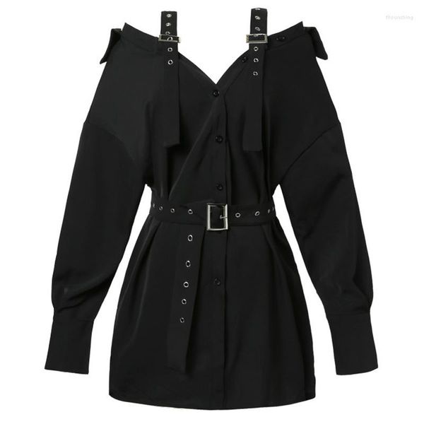 Robes décontractées 2023 noir sexy chemise gothique robe avec ceinture style punk mini sangle automne femme tenue de club fête hors épaule streetwear