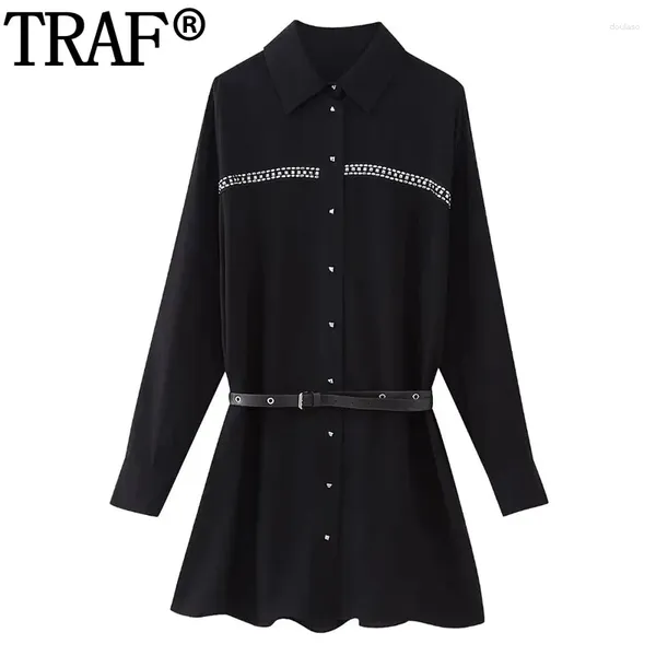 Vestidos casuales 2023 camisa negra vestido mujer tachonado manga larga mini cinturón de otoño corto para mujeres con cuello