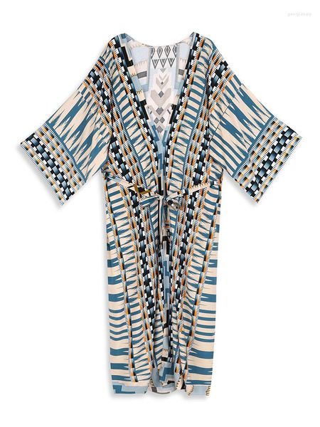 Robes décontractées 2023 Bleu rétro imprimé à manches longues auto-ceinturé plus taille bohème kimono tunique femmes hauts et chemisiers chemises robe maxi