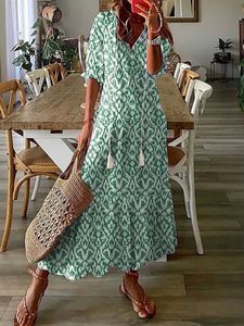 Casual jurken 2023 Boheemse lange jurk vrouwen zomer vintage bloemenprint v nek halve mouw jurken vrouwelijke casual drstring losse strandjurk p230505