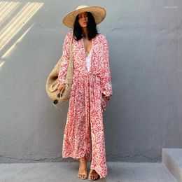 Casual jurken 2023 Boheemse roze luipaard Lange kimono plus maat sexy mouw tunic strandjurk vrouwen kleding straat dragen maxi a1058