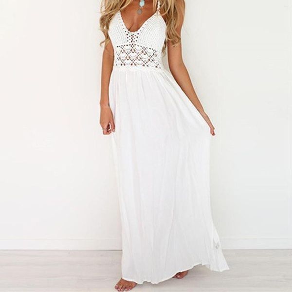 Robes décontractées 2023 Bohème Fête des femmes Dos nu Blanc Creux Out Dentelle Beach Sundress Halter Bandage Maxi Sexy