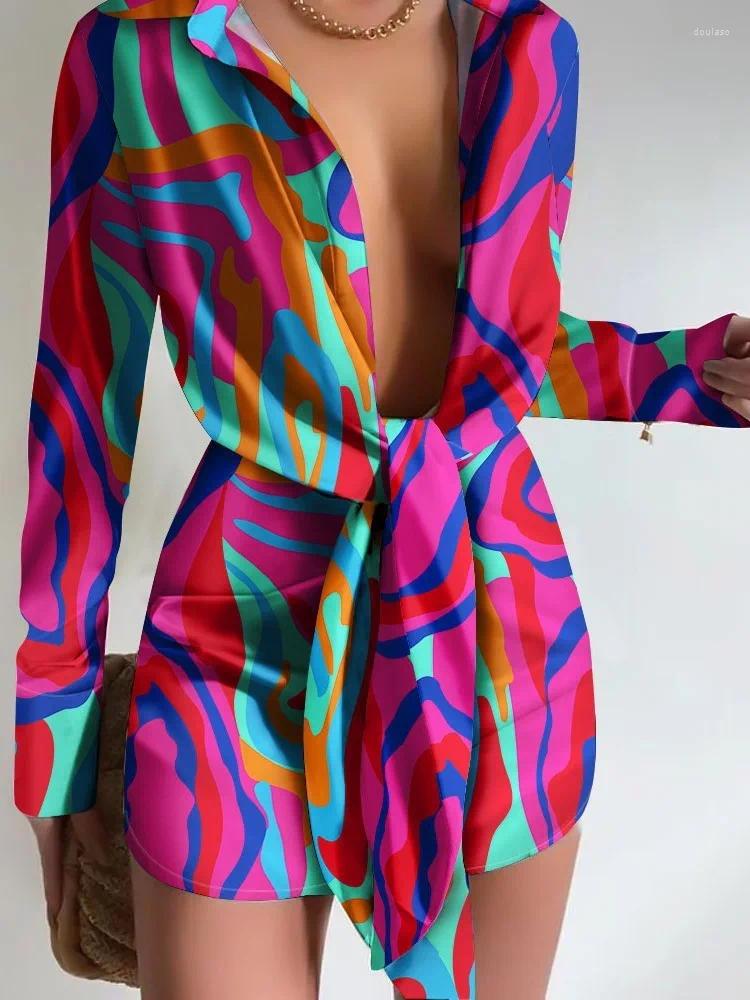 Casual Jurken 2023 Boho Herfst Voor Vrouwen Abstract Print Gebonden Detail Lange Mouw Jurk Y2k Vestidos De Mujer Mini gewaad