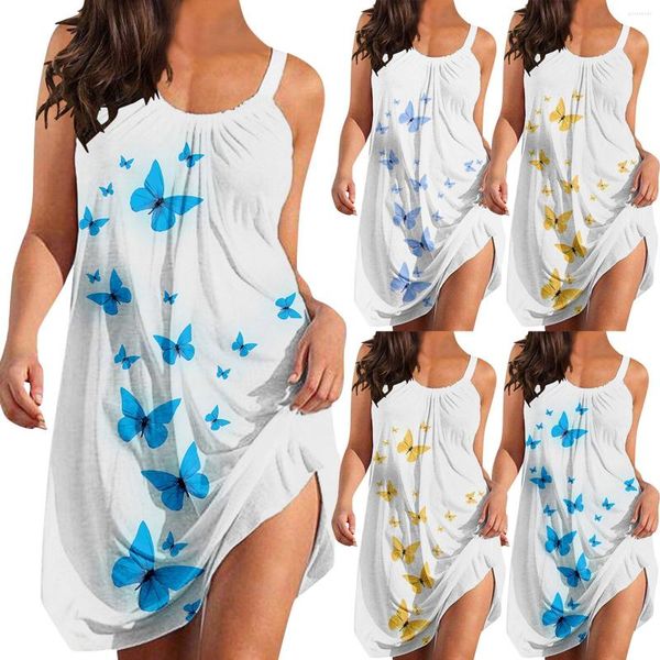 Robes décontractées 2023 Boho plage Sexy vacances col rond sans manches coloré papillon imprimé robe lâche vêtements de plage dissimulation