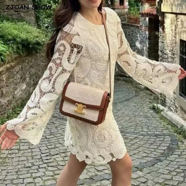 Robes décontractées 2023 Boho fait à la main évider crochet géométrique pleine robe à manches évasées femmes irrégulière ourlet pulls vacances pull robe