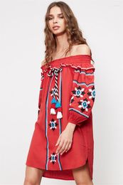 Vrijetijdsjurken 2023 Canwedance Indie Folkstijl Korte jurk met schuine hals Borduursel Bloemenontwerp Lange mouw Katoen Boho Chic