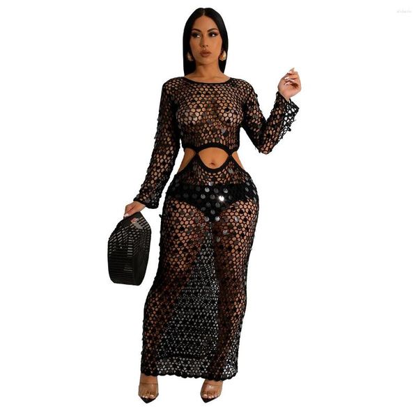 Vestidos casuales 2023 Chic Madre de Pearl Crochet Cover Up Vestido para mujeres Verano Hollow Out Lentejuelas Trajes de vacaciones en la playa