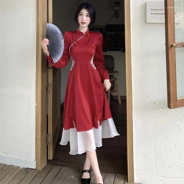 Robes décontractées 2023 chinois amélioré Cheongsam fête brodée pour les femmes rétro col montant élégant mince rouge/noir année robe