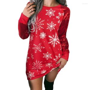 Casual jurken 2023 Kerstmode mode sneeuwvlok bedrukte lagere mouw patchwork paillin jurk herfst winter elegant feest