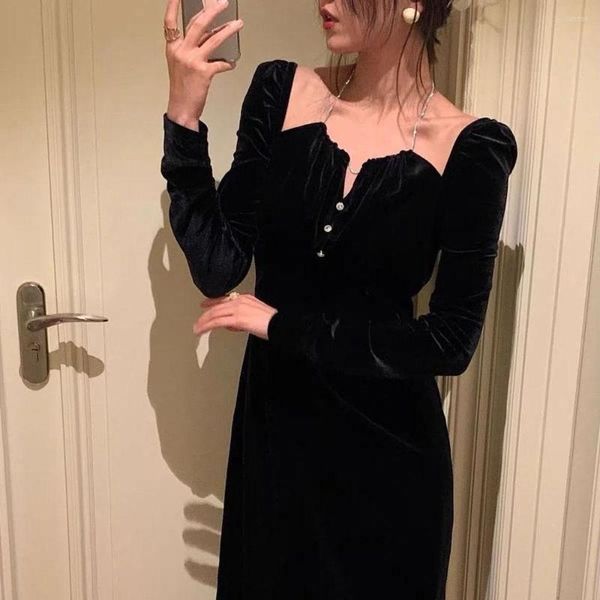 Robes décontractées 2023 robe de soirée de noël femmes à manches longues noir fête dame Sexy licou velours une pièce élégant Vestidos