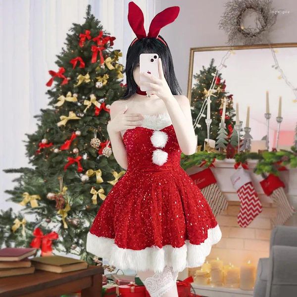 Vestidos casuales 2023 Navidad para las mujeres Año Noche Cosplay Lentejuelas Off Hombro Vestido corto Pluma Cristal Sin mangas Vestido rojo