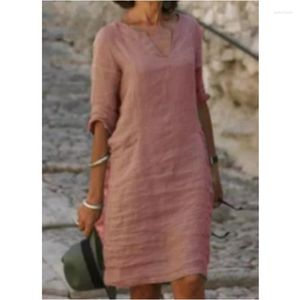 Casual jurken 2023 katoenen linnen jurk plus maat lange strand midi v-neck dames kleding zomer lente herfst maxi geel zwart roze 5xl