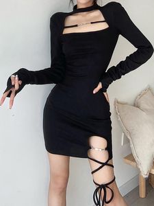 Vestidos casuales 2023 Dark Cyber Y2k Sexy vendaje mujeres Dressses Techwear Hollow Out manga larga Mini vestido gótico Grunge negro flaco