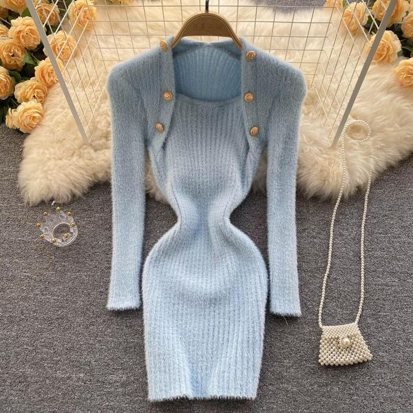 Robes décontractées 2023 Design femmes rétro col carré à manches longues Mohair laine tricoté chaud Sexy moulante tunique robe pull courte