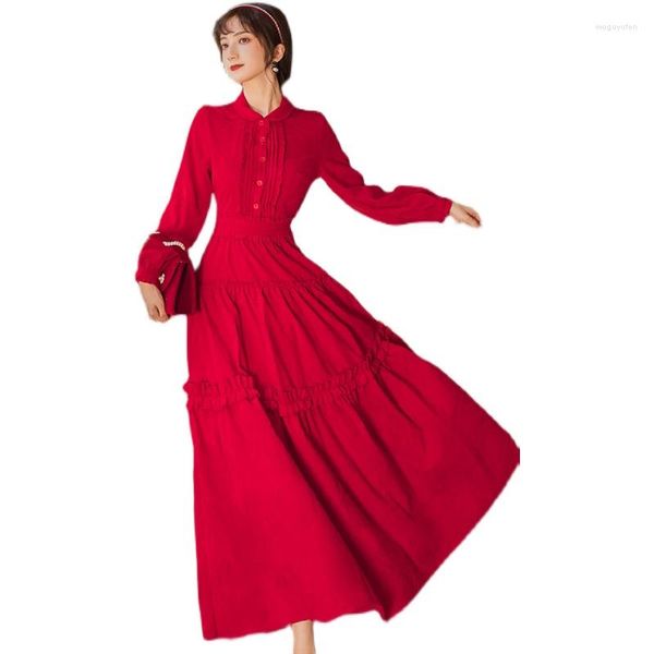 Robes décontractées 2023 robe Slim Art Swing longues femmes automne et hiver Vintage rouge velours côtelé