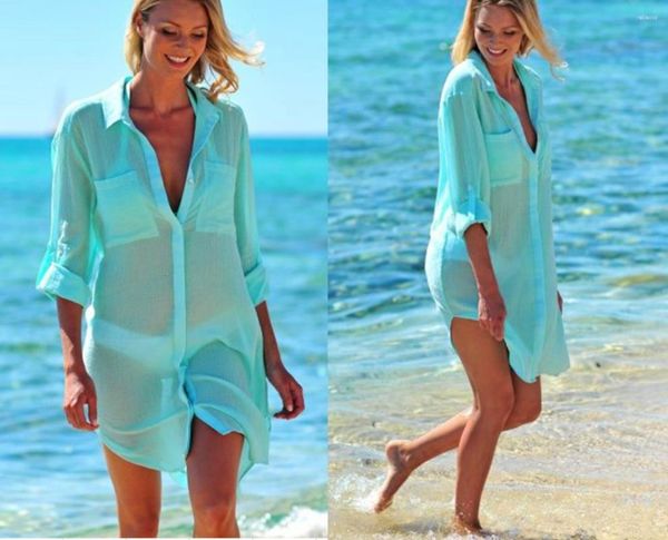 Vestidos casuales 2023 Vestido de tela arrugada Dos bolsillos Snap On Beach Cover Up Bikini Shirt Traje de baño para mujeres Verano