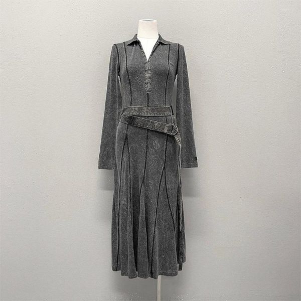 Robes décontractées 2023 Début d'automne Mode Niche Tempérament Cool Lavé Gris Ceinture Denim Robe Femmes