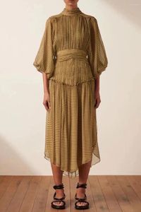 Casual Jurken 2023 Vroege Herfst Dames Geruite Slanke Taille Lace-up Zijsplit Vintage Onregelmatige Midi-jurk