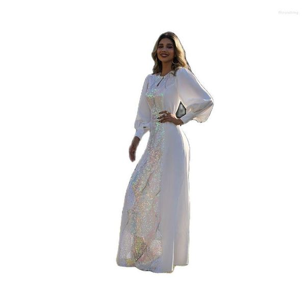 Robes décontractées 2023 élégant à lacets blanc musulman à la mode robe paillettes Style ethnique moyen-orient vêtements pour femmes