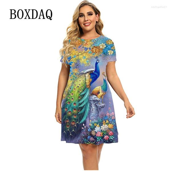 Vestidos casuales 2023 elegante vestido de mujer Tie Dye Pavo Real 3D estampado Vintage suelto de gran tamaño mujeres verano manga corta fiesta